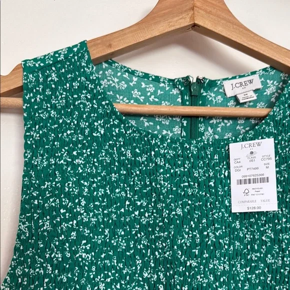 J. Crew Smocked Floral Sleeveless Green Dress - Picture 3 of 5